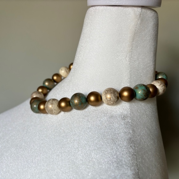 Chunky Wooden Bead Necklace with Gold and Turquoise Accents - Picture 2 of 8
